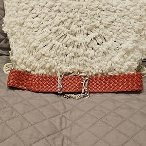 Vintage 90's Linea Pelle Burnt Orange Leather Woven Belt with Silver Buckle